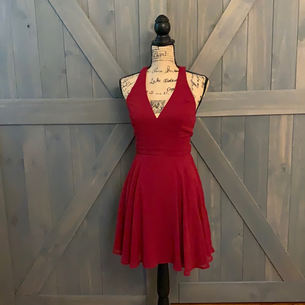 NWT Maniju Burgundy Halter V-neck fitnflare dress